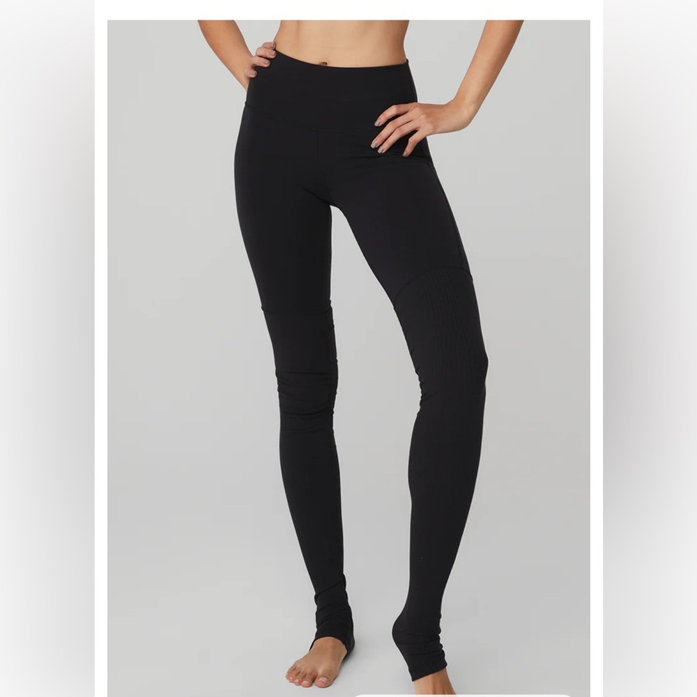 ALO Yoga Black High wasited Goddess Ribbed-Knee High-Rise Leggings